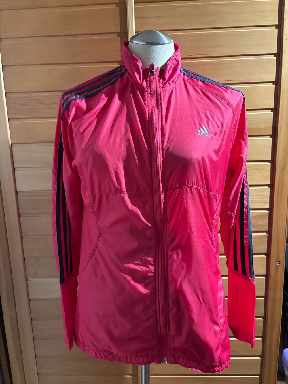 adidas Women’s Bright Pink Full-Zip Track Jacket with Navy Stripes